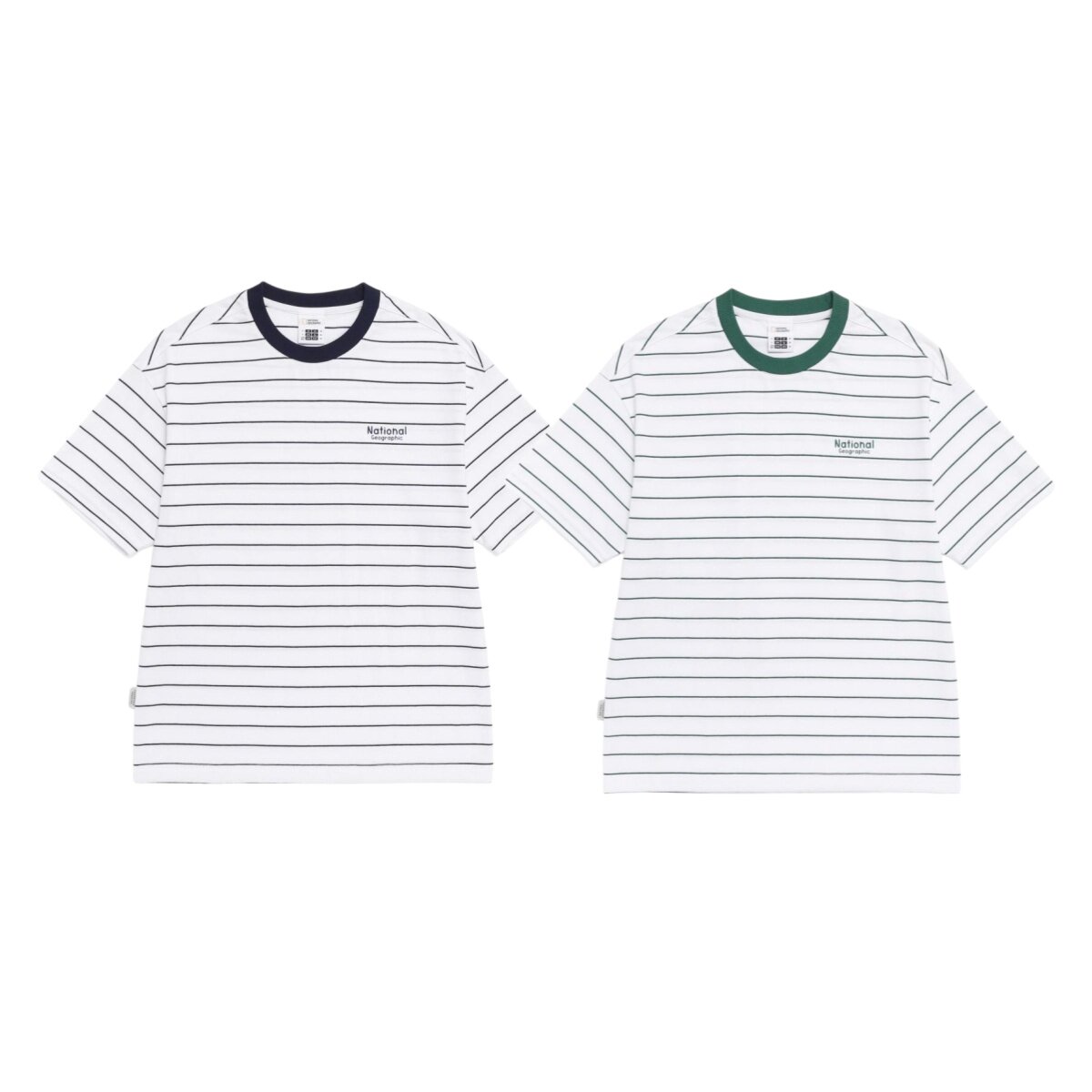 NATIONAL国家地理26夏男女运动休闲字母印花条纹拼色圆领短袖T恤