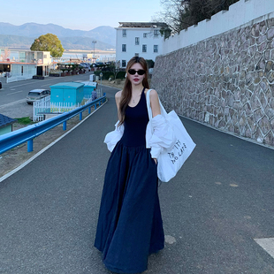 收腰长裙 大摆吊带连衣裙韩系修身 YILANN2026新款 女春夏藏青色韩版