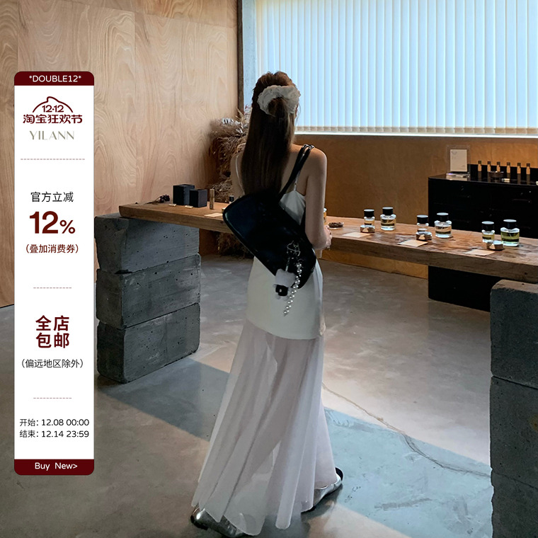 白色吊带连衣裙薄网纱长裙