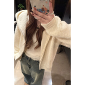 YIANN2025新款 羊毛连帽拉链卫衣加厚保暖米白色圈圈慵懒外套 春季