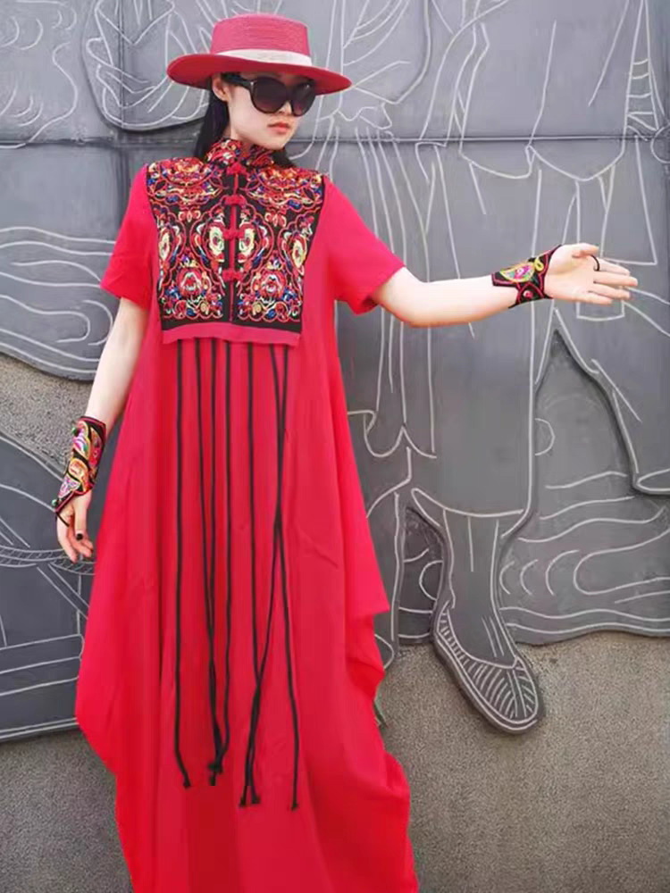 杨丽萍同款原创复古民族风刺绣立领盘扣连衣裙喇叭袖文艺流苏长裙