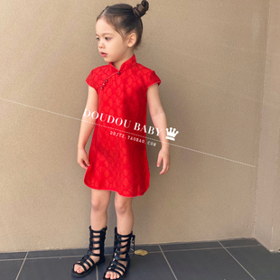 女童旗袍连衣裙夏季红色中国风儿童旗袍宝宝周岁生日走秀表演服