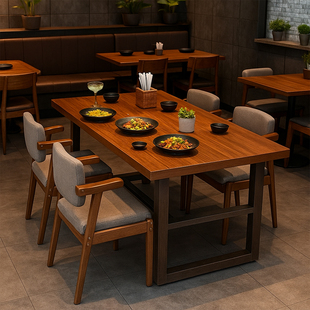 餐饮店专用桌子快餐店桌椅商用餐厅桌子胡桃色长方形网红餐饮桌椅