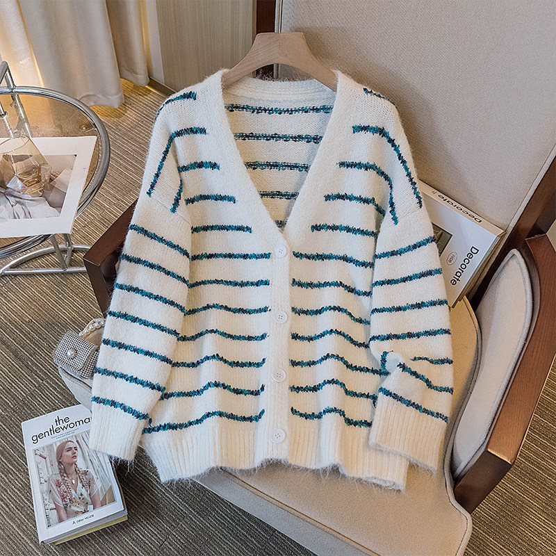 大码女装新款复古撞色条纹长袖毛衣外套女宽松慵懒风针织开衫