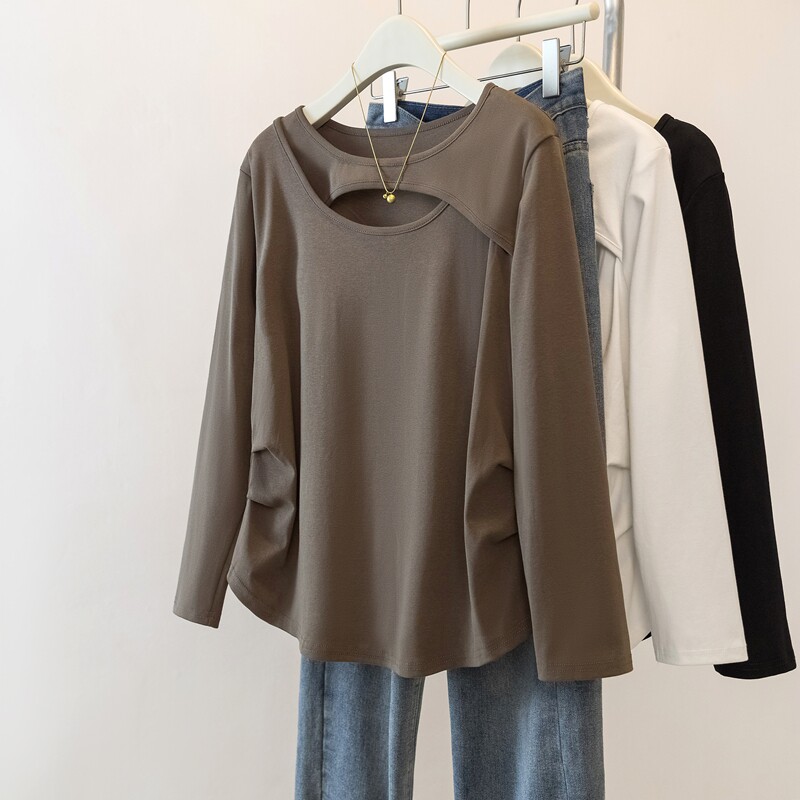 大码女装新款韩版胖MM别致简约小心机不规则镂空长袖T恤上衣