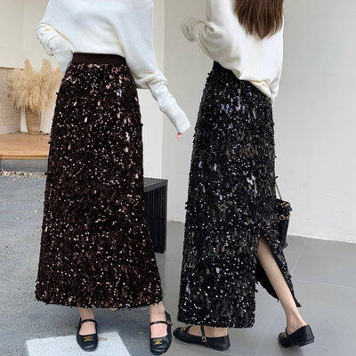 2025秋季高腰中长款亮片裙开叉黑色半裙加厚性感闪闪半身裙女