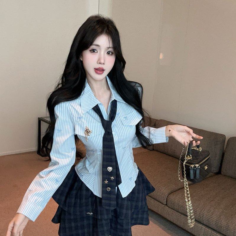实拍实价美式学院风jk制服套装蝴蝶结刺绣条纹衬衫蓬蓬半裙两件套