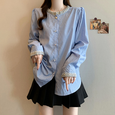 实拍2025秋季新款大码女韩系时尚设计感重工镶钻亮片条纹衬衫上衣