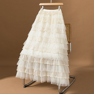 大码女装新款韩版褶皱垂坠感网纱设计高腰宽松显瘦A字半身裙