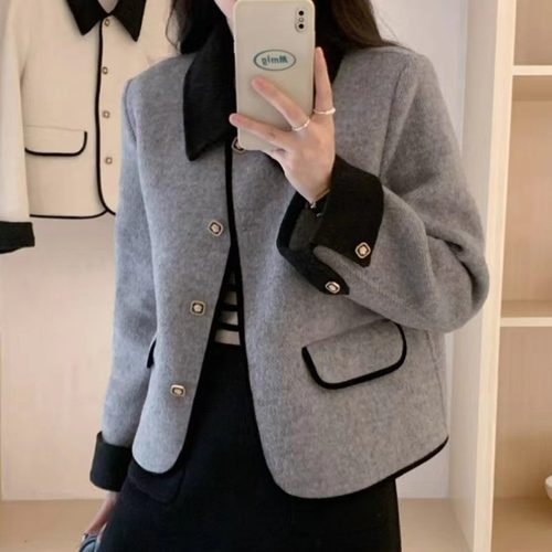 2024秋冬新款小香风双面羊毛大衣女短款撞色气质精致羊毛呢外套女