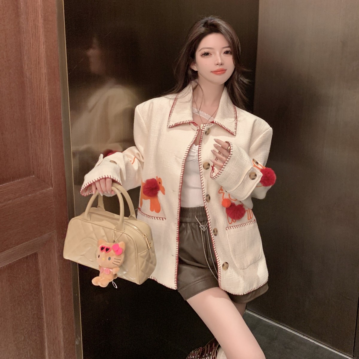 实拍 羊驼球球刺绣重工麻感夹克小香风外套2025秋季新款学院风