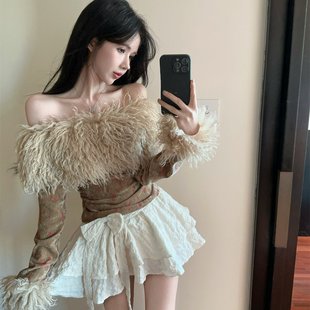 实拍实价 一字肩流苏毛毛领碎花加绒上衣蝴蝶结蛋糕裙女冬套装