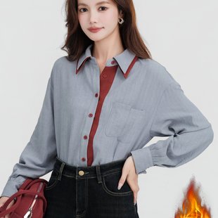 叠穿长袖 女秋冬新款 上衣 复古撞色竖条纹衬衫 已出货加绒加厚法式