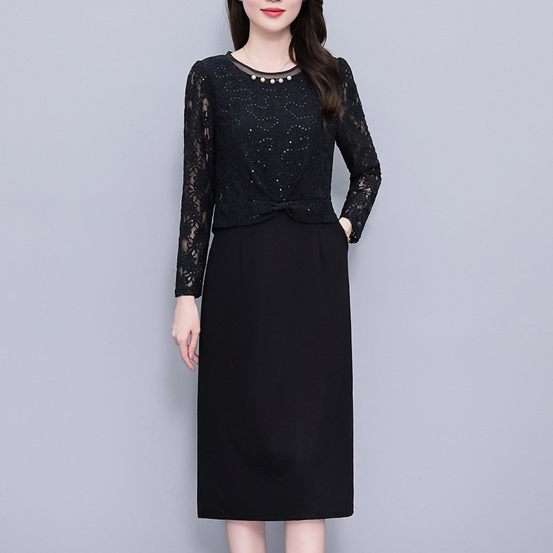 亮片蕾丝假两件套大码女装胖mm修身显瘦黑色长袖连衣裙春秋新款