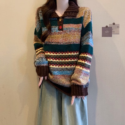 实拍2024秋冬新款大码女复古彩色条纹美拉德高级羊驼绒针织衫上衣