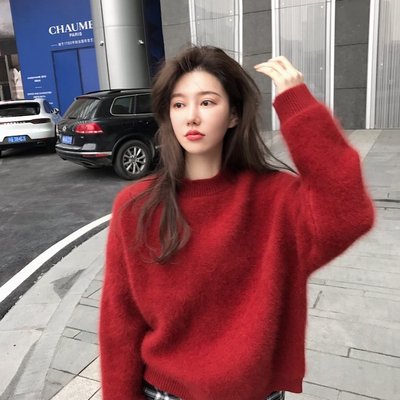 红色水貂绒浣熊毛衣女宽松外穿套头慵懒风新年本命年秋冬洋气针织
