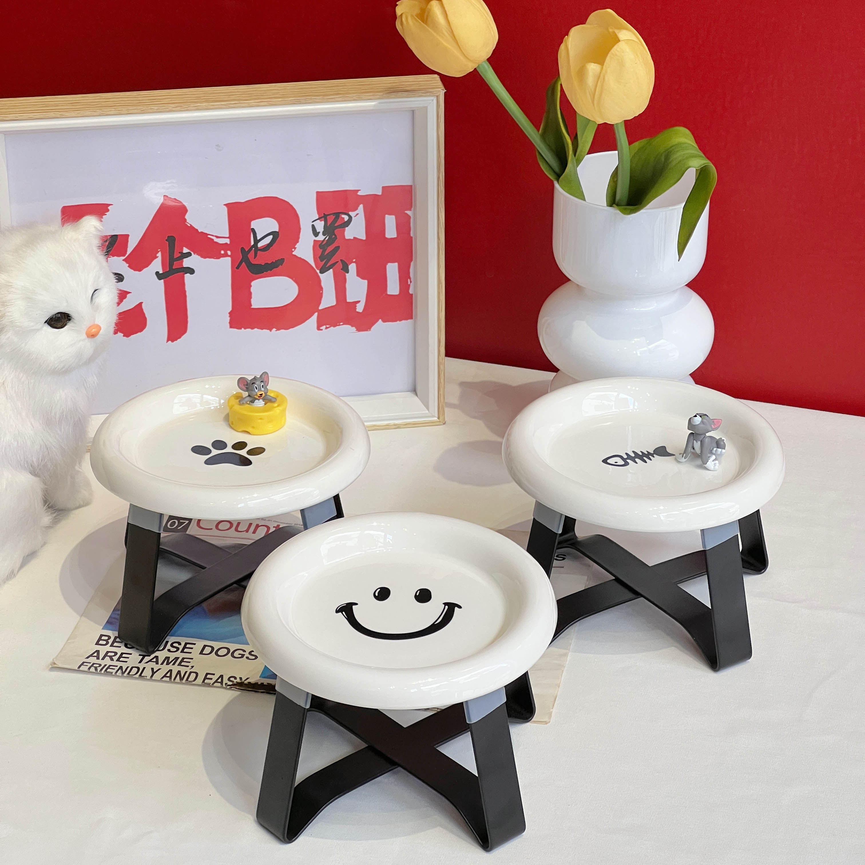 猫咪餐桌猫食盆餐前盘带架罐头碗陶瓷大口径盘子增高架护颈宠物碗