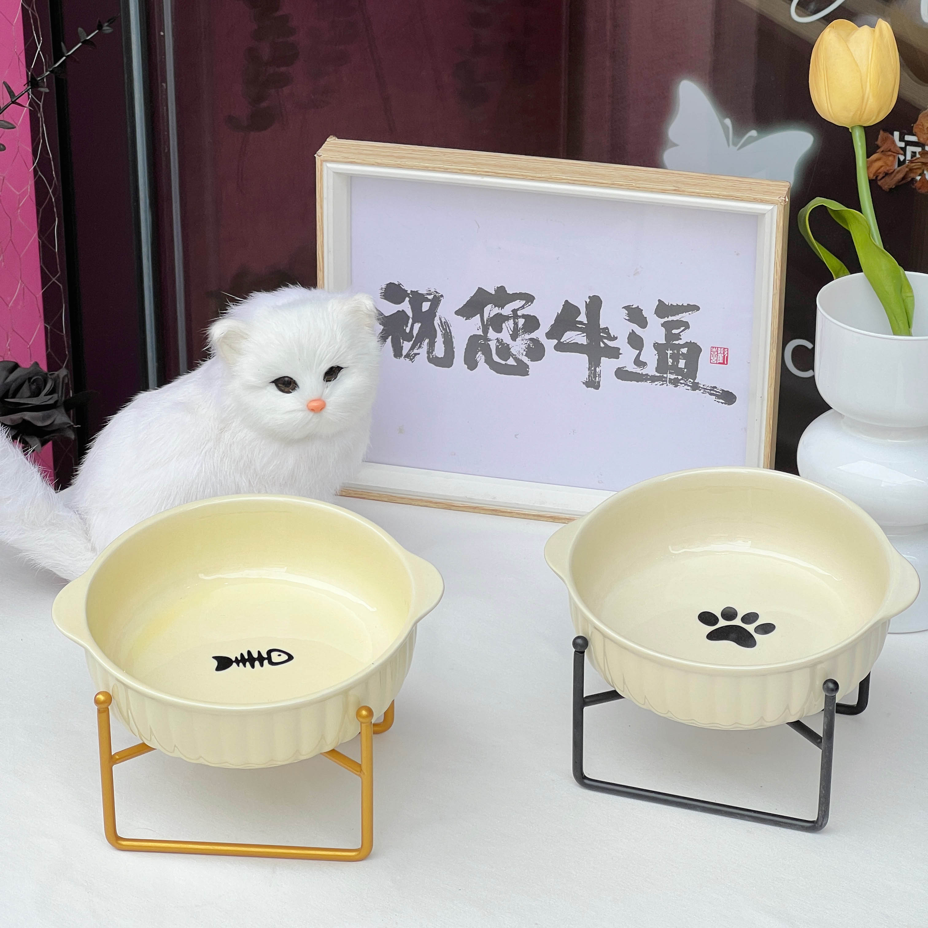 猫碗双耳陶瓷大口径猫咪碗饭翻宠物碗猫盆碗猫粮碗猫食盆粮碗饭碗