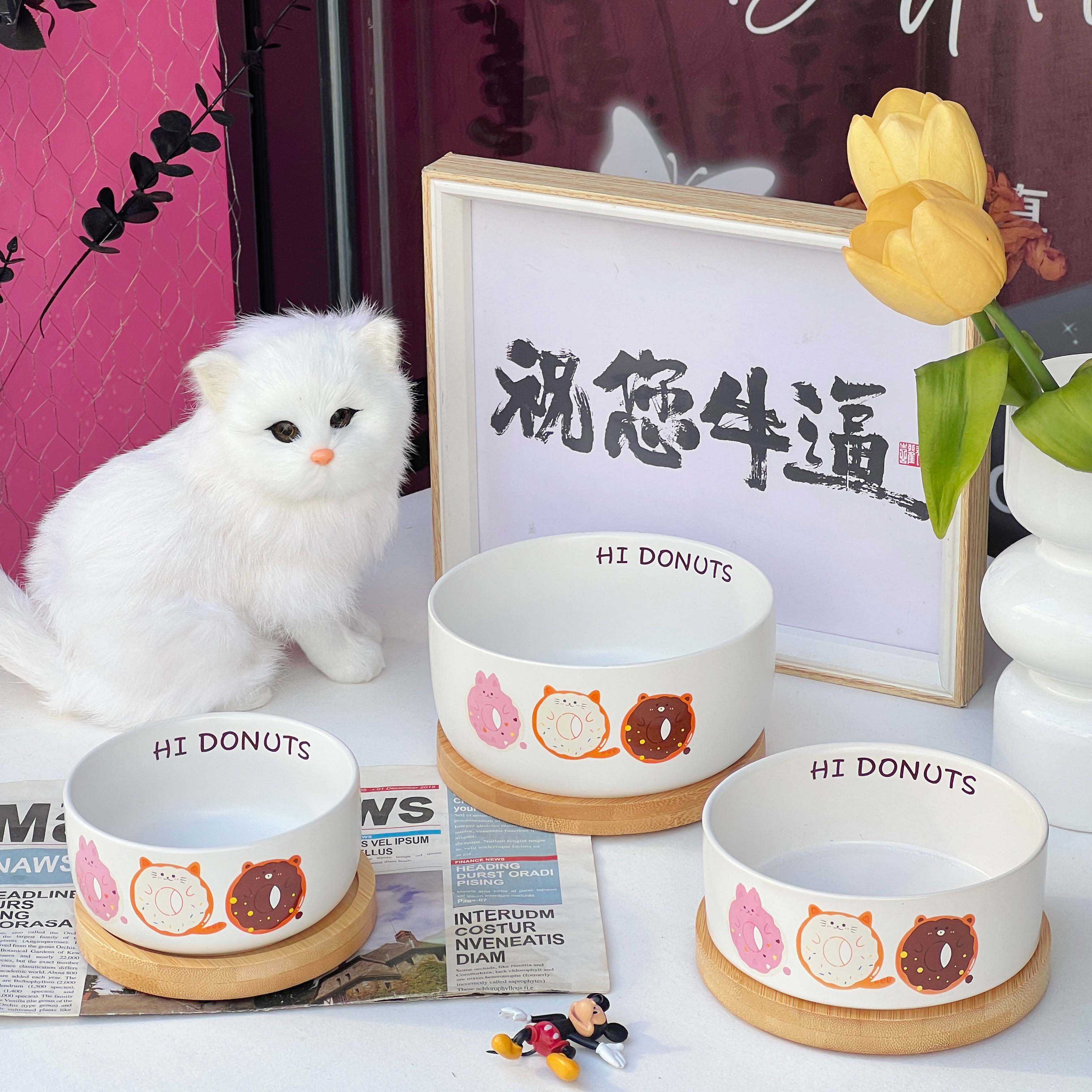 卡通陶瓷宠物碗猫碗猫咪粮食碗甜甜圈食器狗狗水碗陶瓷碗防黑下巴