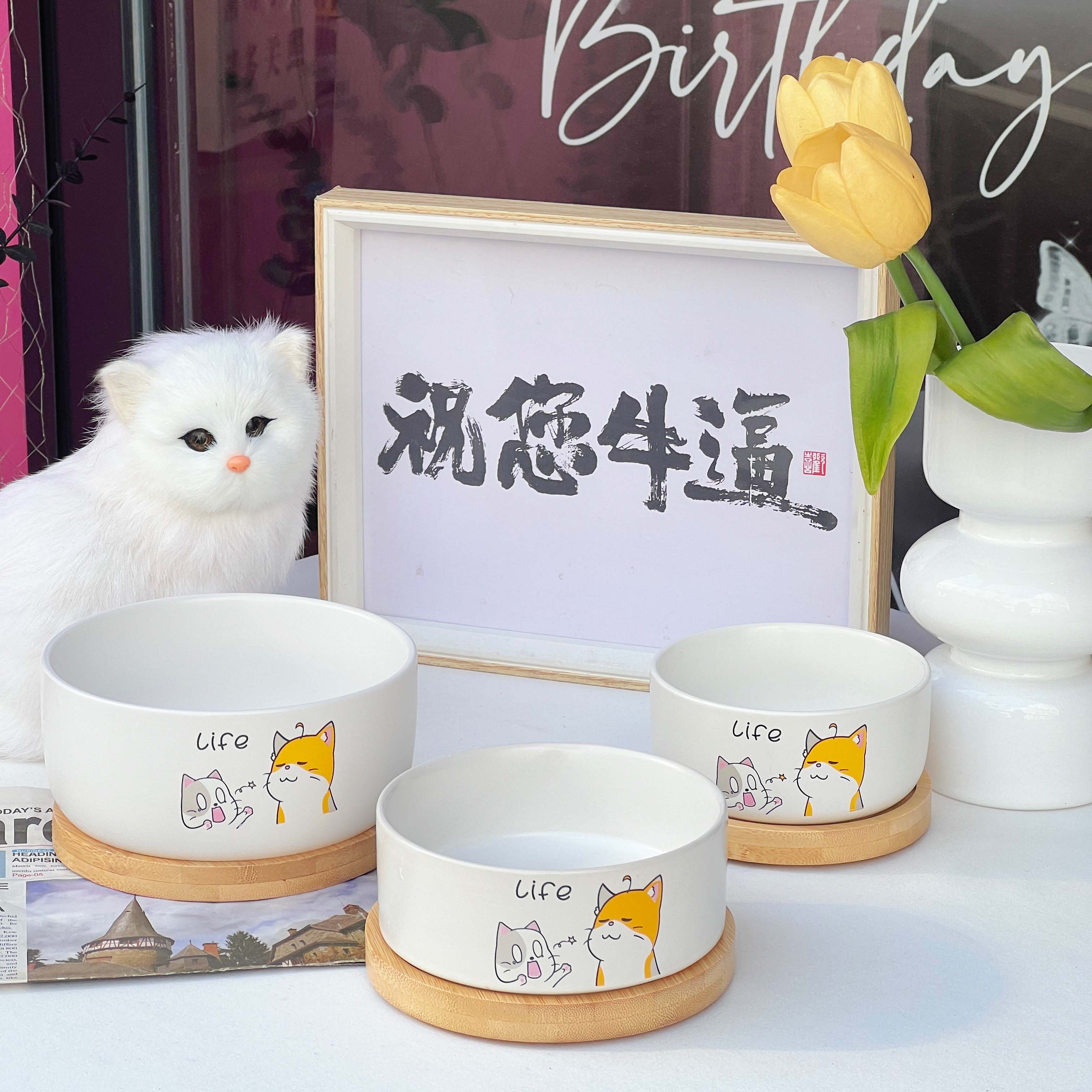猫碗大口径狗食盆宠物碗陶瓷带防滑木板猫咪饭碗狗水碗护颈防打翻