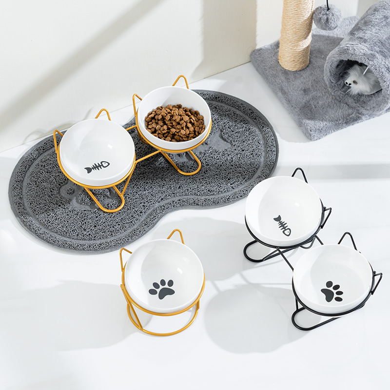 陶瓷猫碗双碗猫粮碗斜口