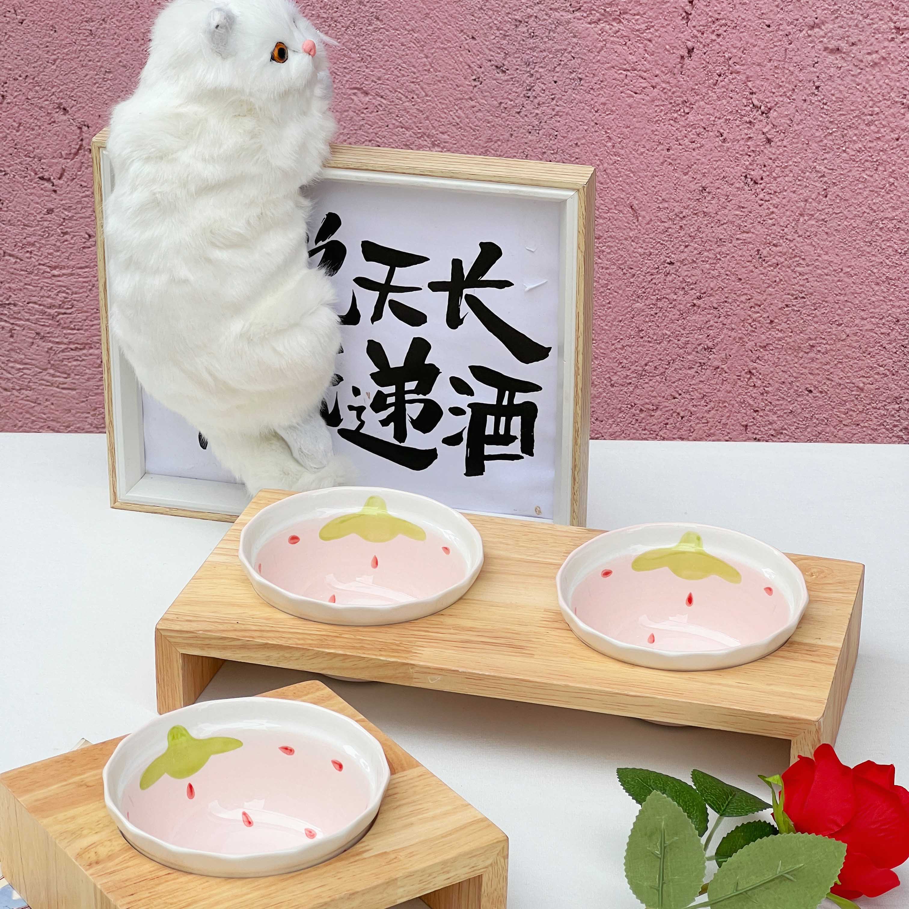 可爱猫碗双碗陶瓷猫食盆高脚带增高架护颈防打翻宠物狗喝水碗饭碗