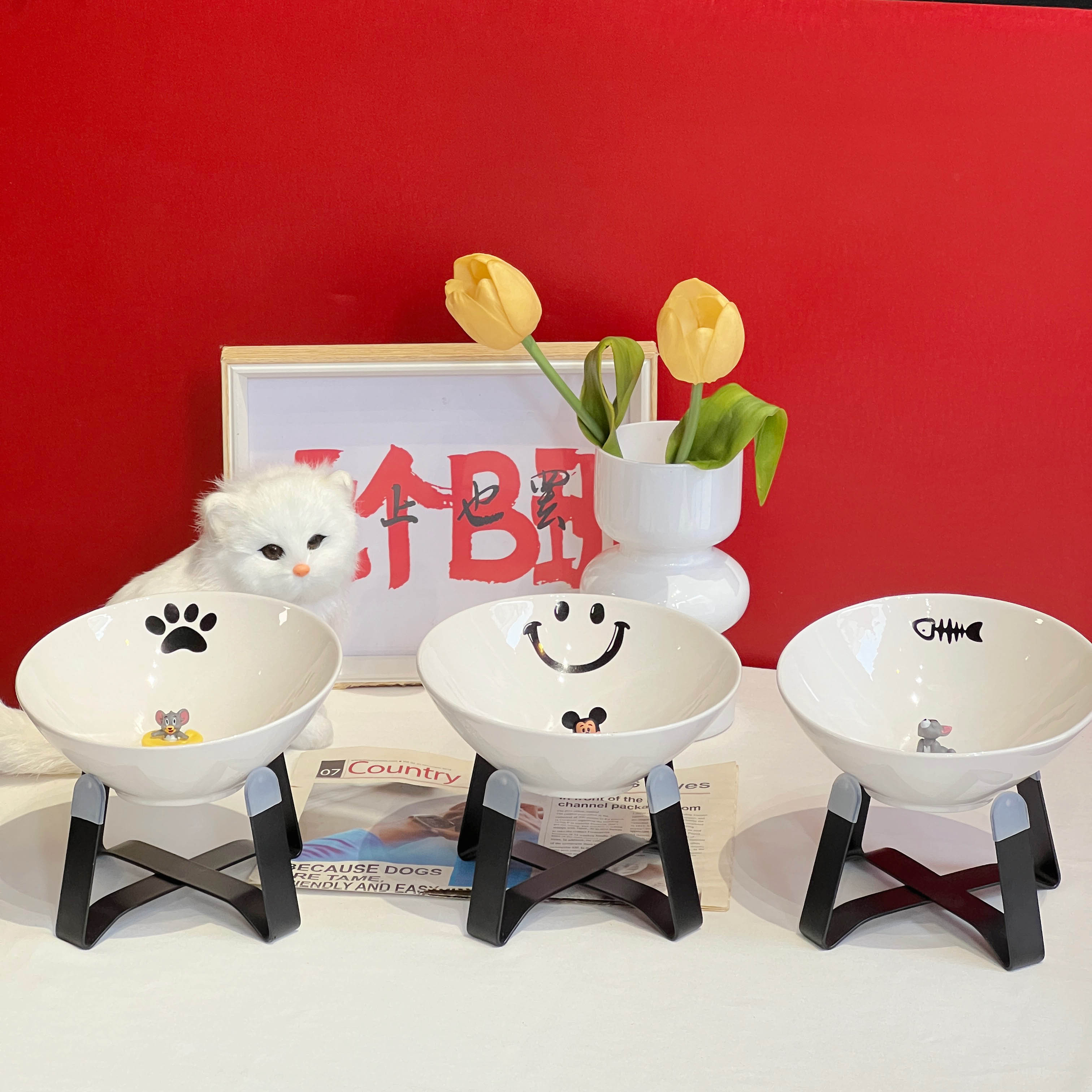 新款猫碗陶瓷大口径猫碗猫食盆陶瓷斜口碗防打翻防黑下巴高脚猫碗