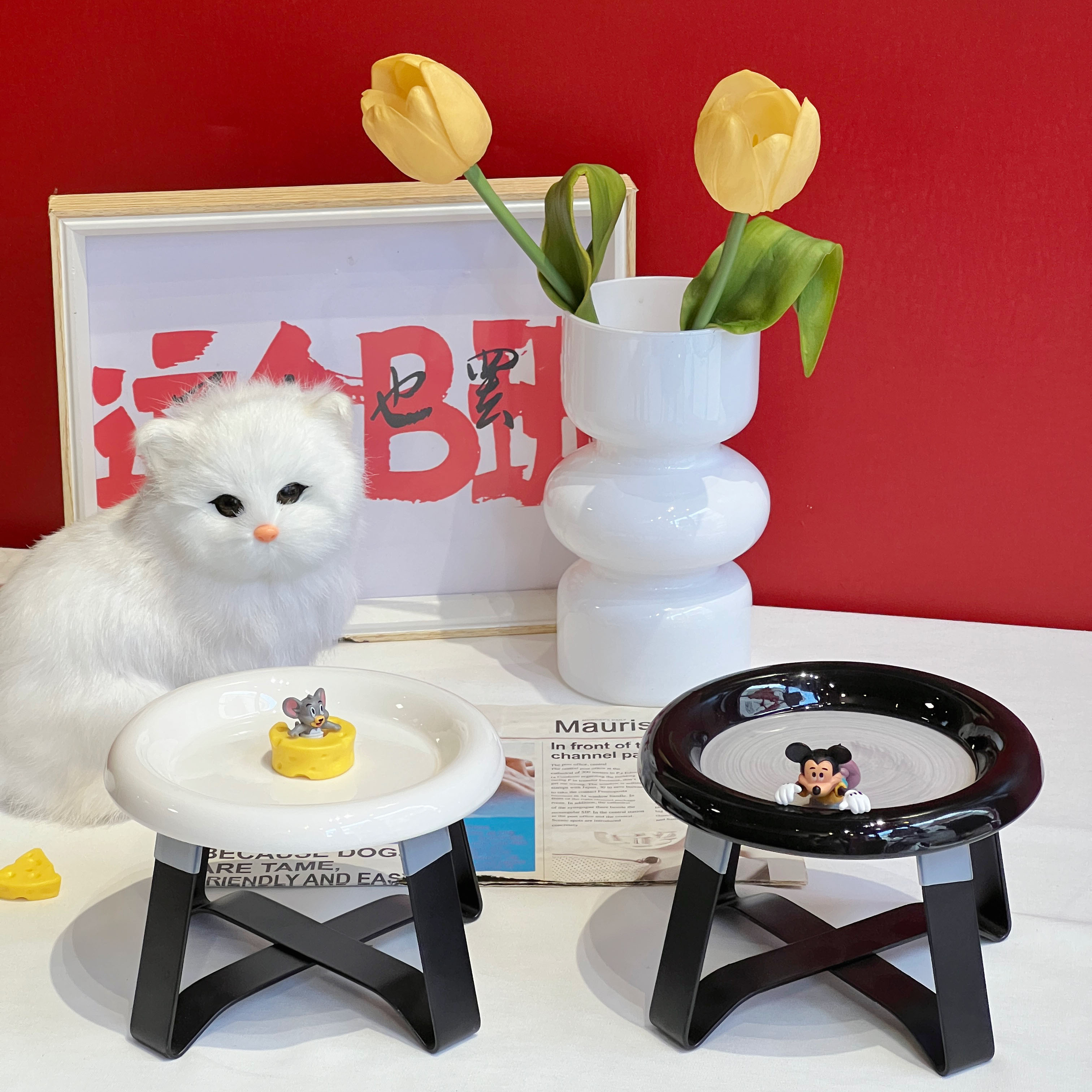 可爱猫碗陶瓷猫咪罐头蝶盘子猫食盆狗狗餐盘护颈椎零食碗宠物用品