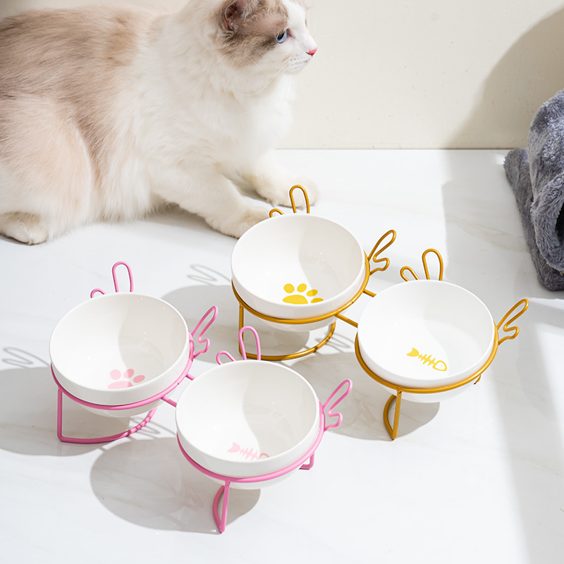 猫碗高脚陶瓷双碗保护颈椎猫粮碗