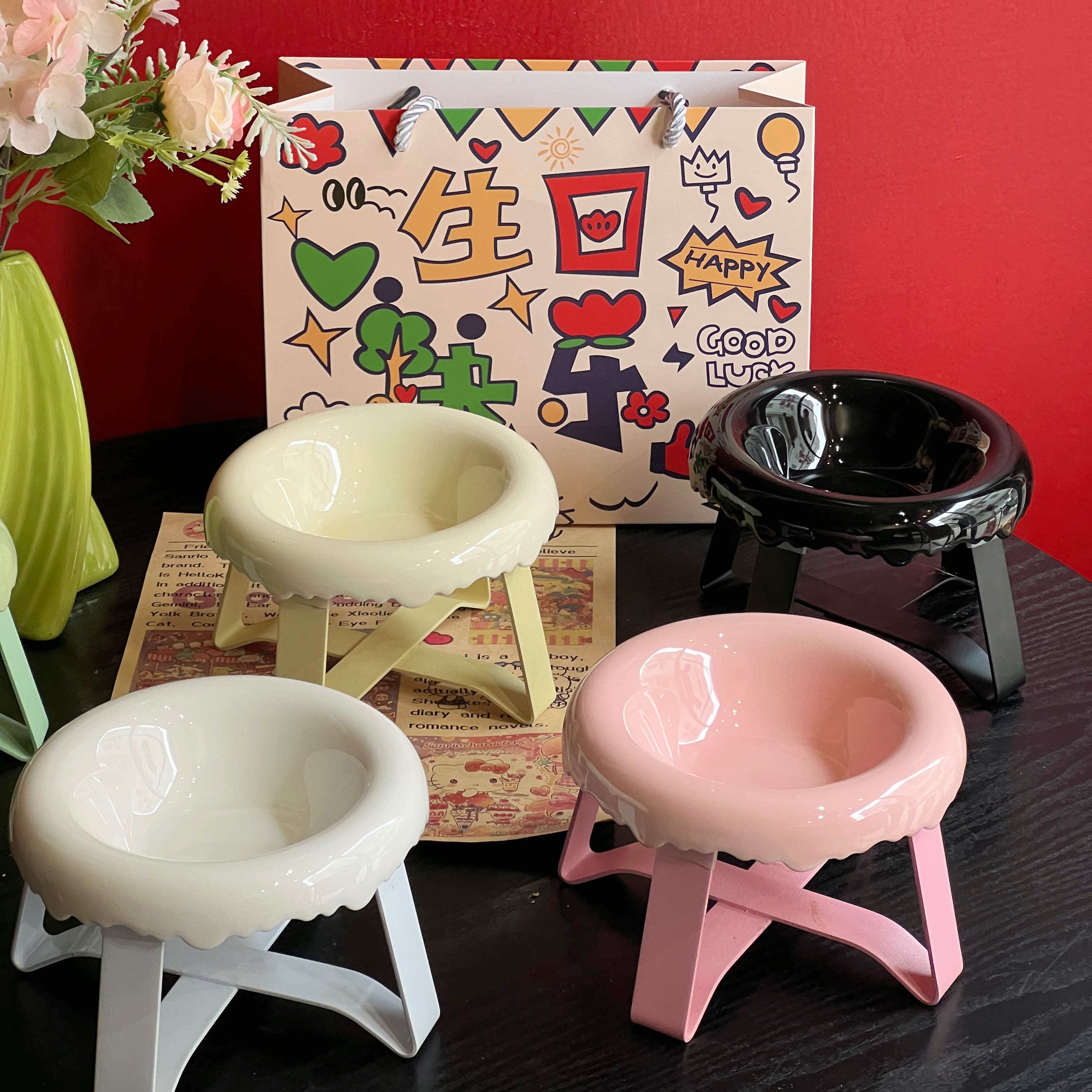 猫碗陶瓷狗盆狗碗高脚带增高铁架宠物碗猫咪猫粮碗狗狗吃饭喝水碗