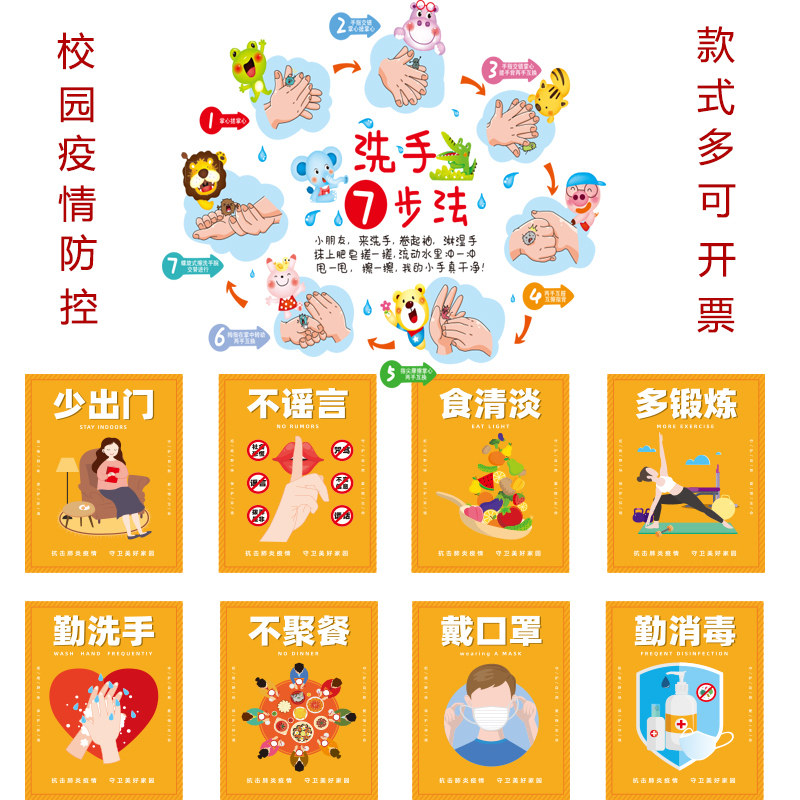 幼儿园疫情防控主题墙宣传贴纸七步洗手法步骤图防水墙贴墙面装饰