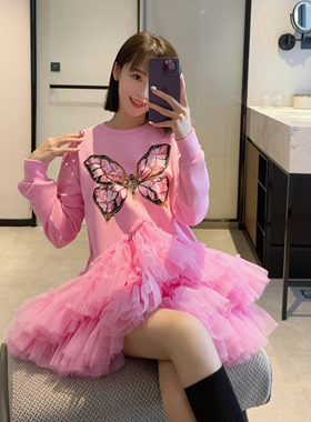甜美减龄宽松棉蝴蝶重工网纱卫衣