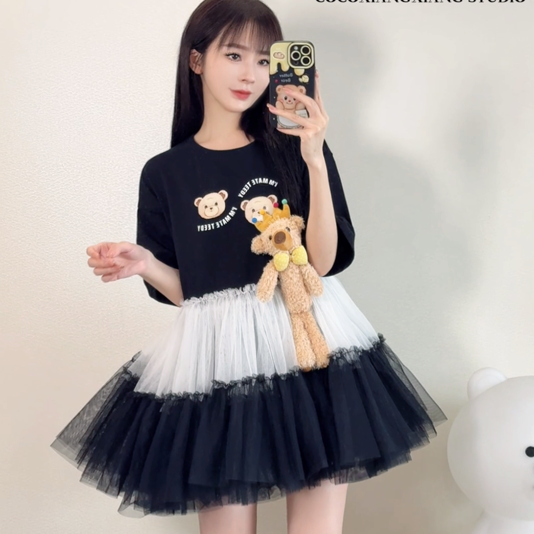 潮牌设计师拼接重工蓬蓬纱裙立体小熊玩偶宽松减龄可爱T恤连衣裙