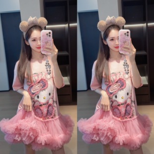 泰国潮牌重工kitty卡通网纱蓬蓬裙宽松显瘦可爱减龄中长T恤连衣裙