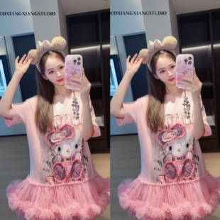 设计师潮牌贴布亮片hellokitty重工网纱蓬蓬裙甜美宽松T恤连衣裙