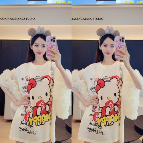 2026设计师潮牌卡通kitty重工蓬蓬袖网纱拼接减龄宽松T恤连衣裙