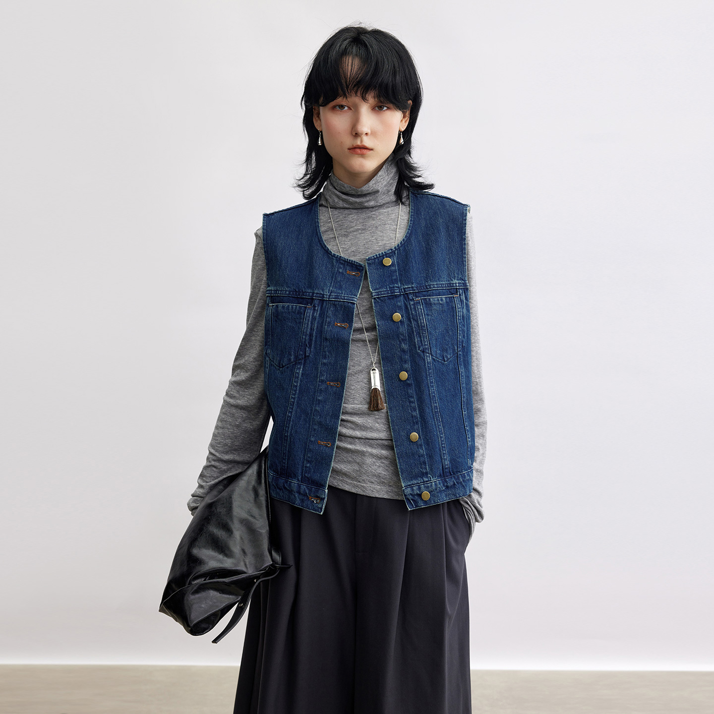 多着工装风圆领复古牛仔马甲秋款