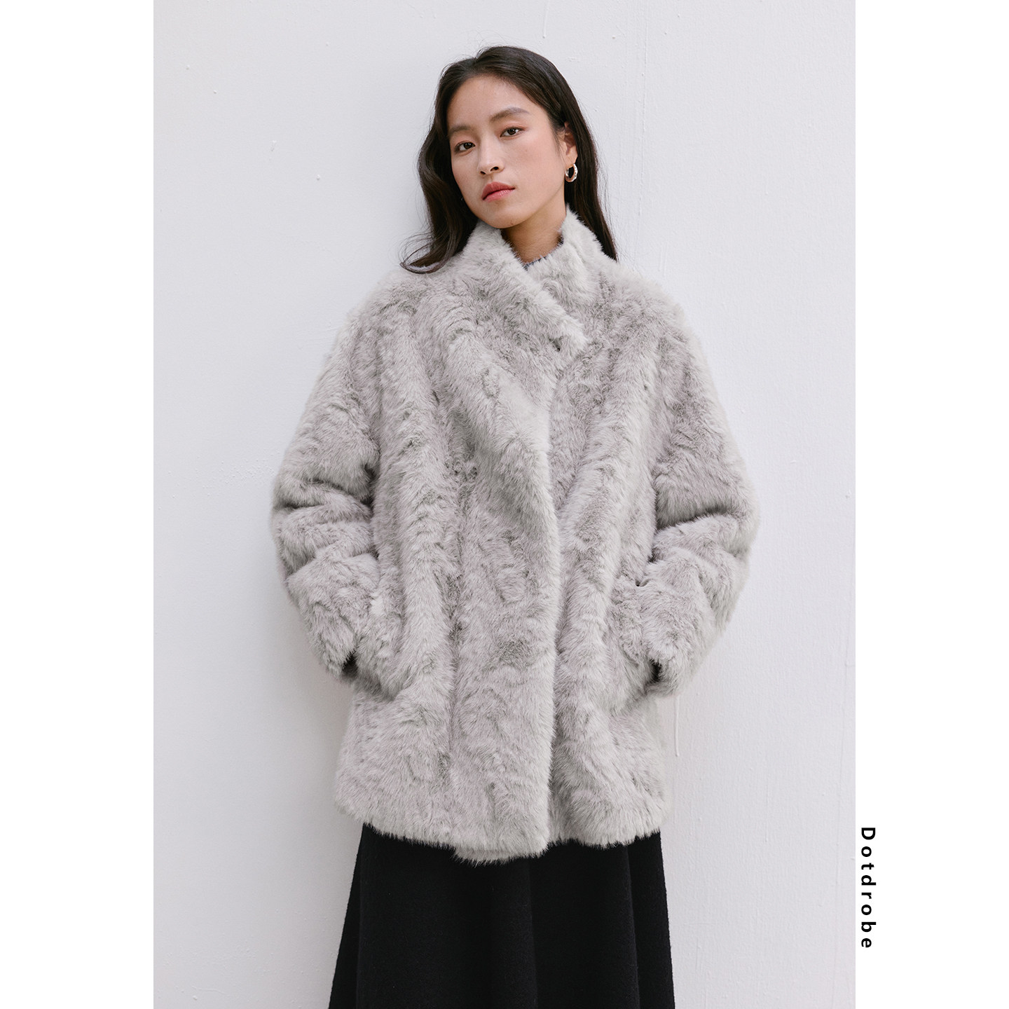 立领环保皮毛一体中长款皮草外套