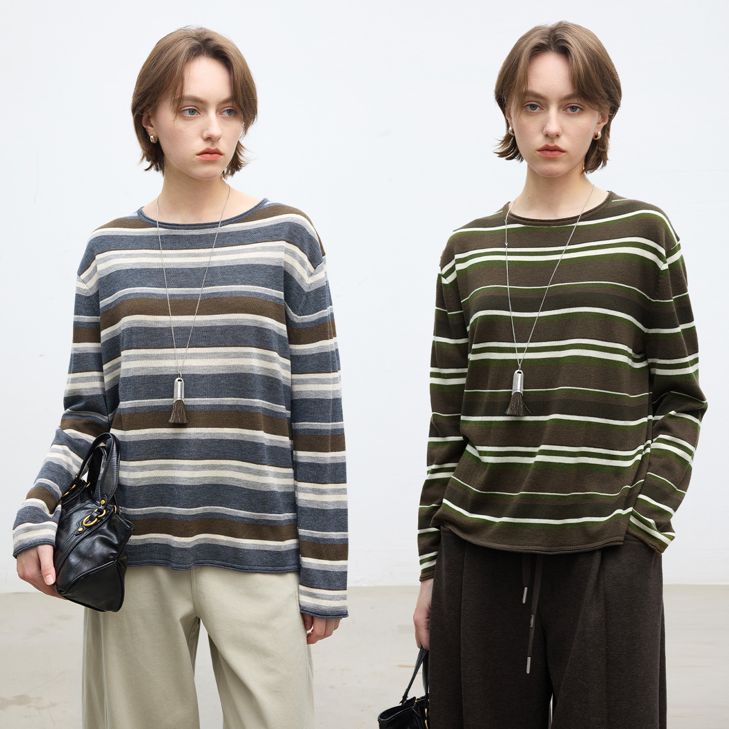 羊毛醋酸混纺卷边条纹针织衫女