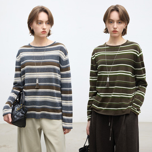 Dotdrobe多着 羊毛醋酸混纺 超细纱线卷边条纹套头针织衫女两色入