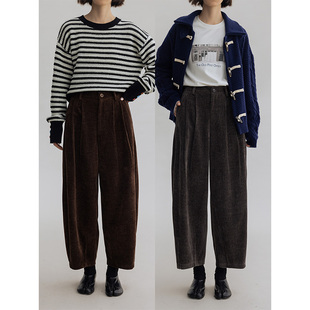 Dotdrobe多着 保暖雪尼尔 坑条感褶裥九分气球裤女秋冬-灰色/咖色