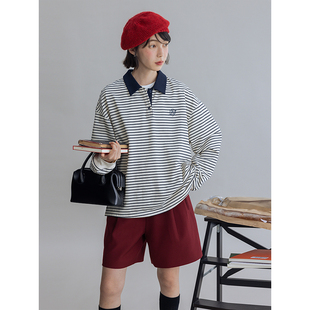 蓝白条 polo撞色领条纹卫衣女 咖杏条 M1U系学院风 Dotdrobe多着