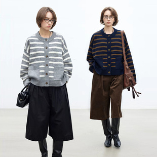 Dotdrobe多着 羊毛混纺 大量感可外穿条纹针织开衫女秋冬-两色入