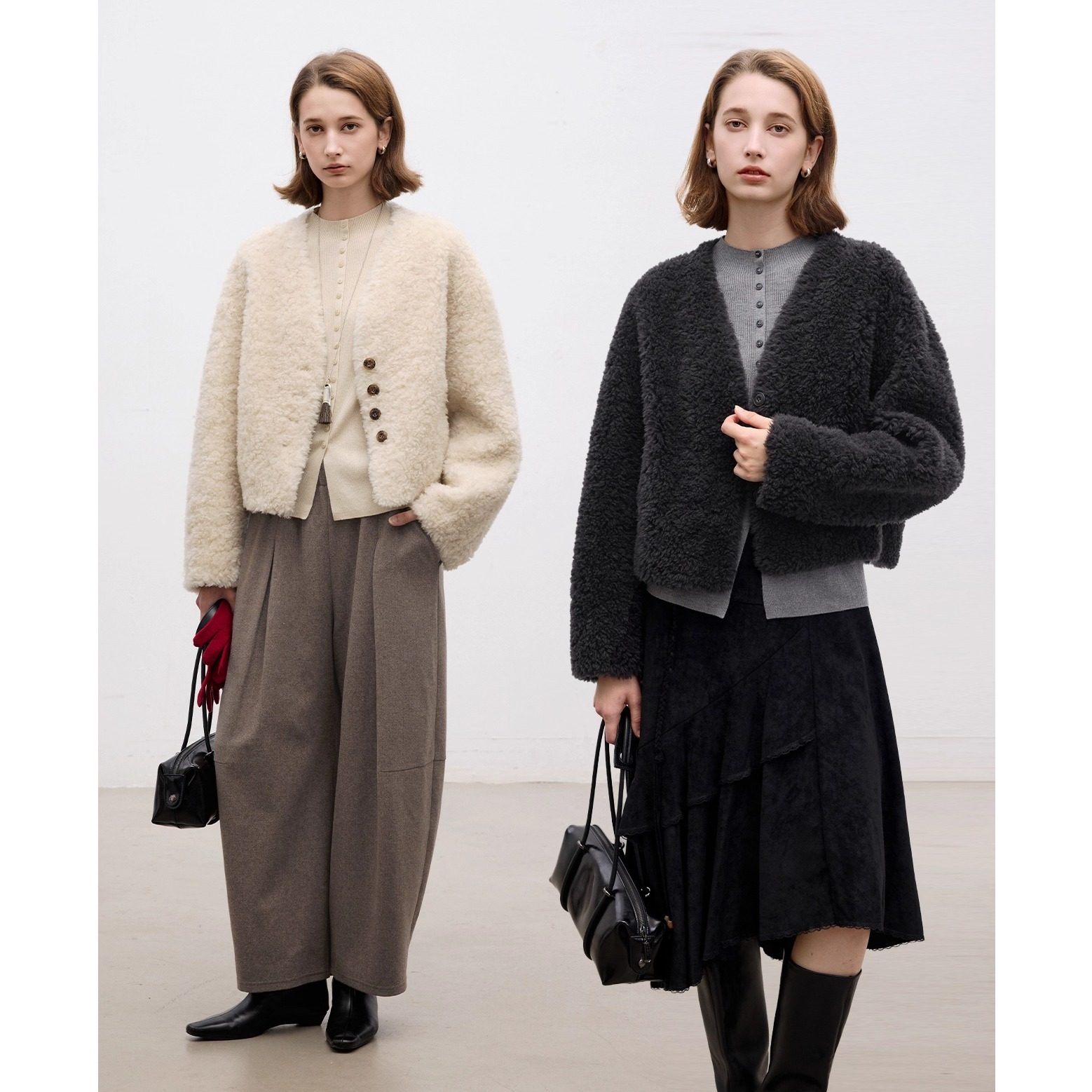 全羊毛泰迪毛V领短款皮毛一体