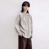 木耳边立领 色织条纹纯棉蘑菇扣长袖 衬衫 Dotdrobe多着 女 两色入