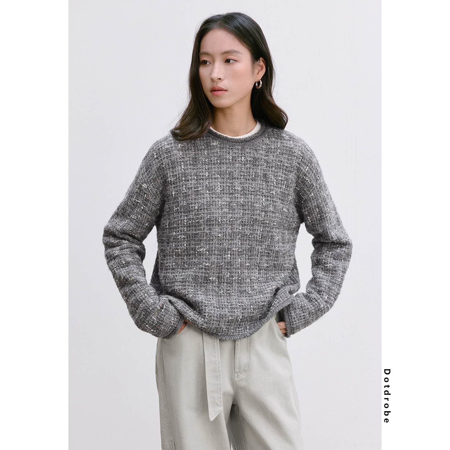 Dotdrobe多着 小香编织肌理 羊毛混纺圆领毛衣女秋冬针织衫套头