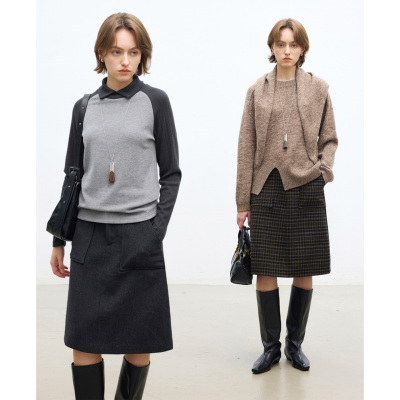 羊毛混纺小A字型后松紧腰毛呢裙