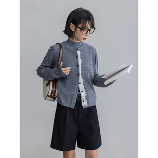 Dotdrobe多着 羊毛混纺 木耳边针织开衫女毛衣两件套-灰色/黑色