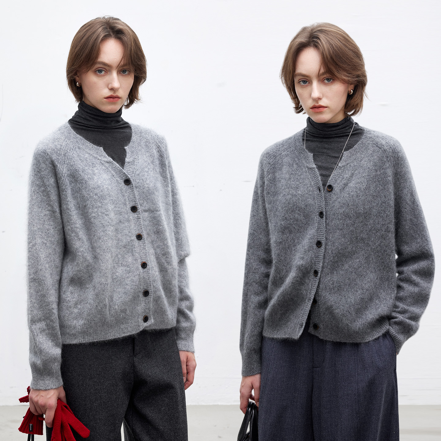 羊毛小V领拉毛针织开衫女