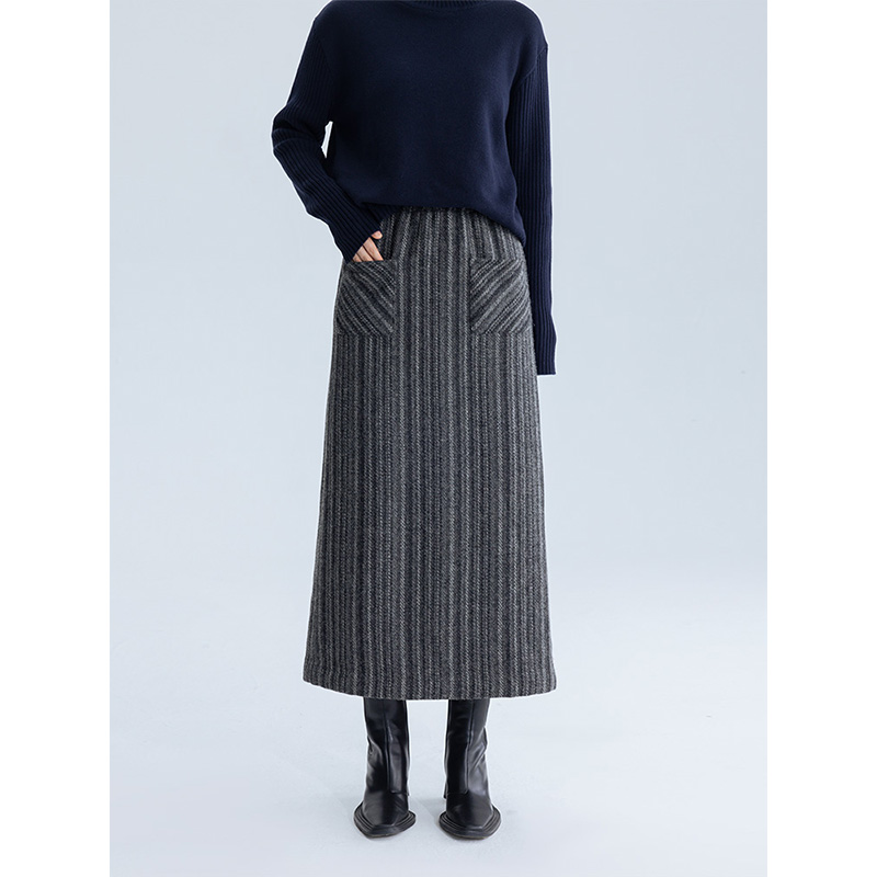 多着松紧腰羊毛混纺半身裙